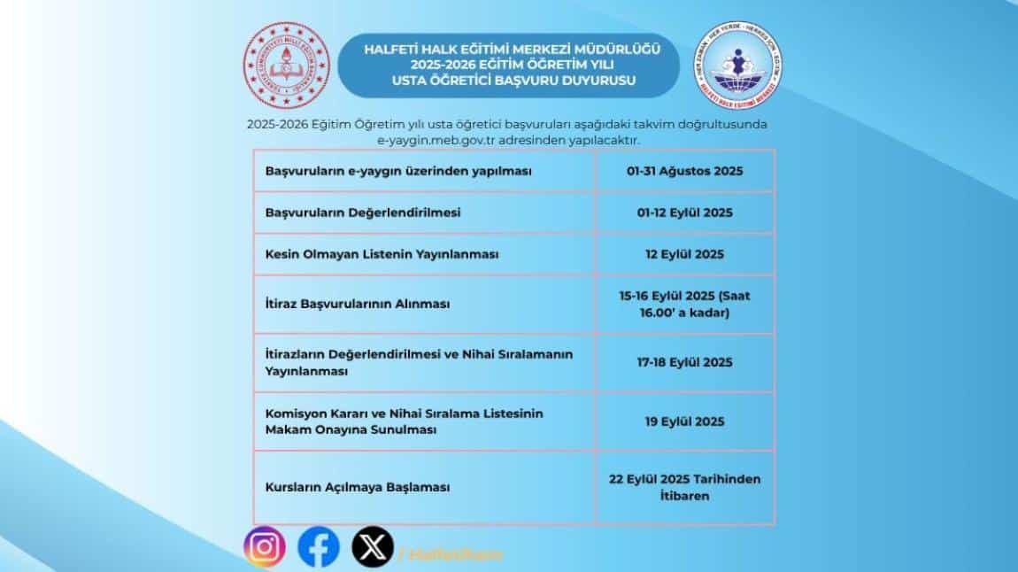 2025-2026 EĞİTİM ÖĞRETİM YILI USTA ÖĞRETİCİ BAŞVURU BİLGİLENDİRMESİ